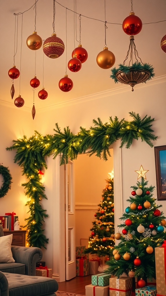 A festive living room with hanging Christmas decorations, including ornaments and garlands, with a decorated tree.